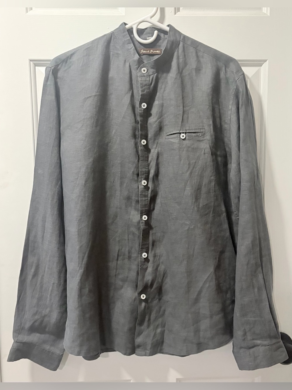 Island Importer Charcoal Grey Band Collar Linen Shirt Size Medium